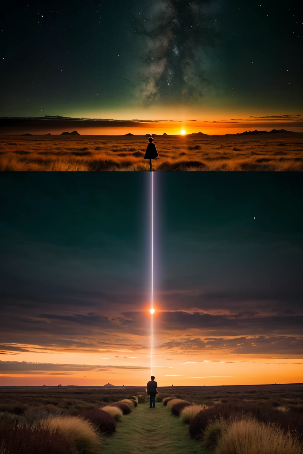creates the cover of a novel that tells the story of characters who live on a spaceship called Fortuna. This ship aims to reach a new planet, which was discovered by NASA, to settle there. that planet, according to research, It has all the possible characteristics to be habitable and colonized. The image must have the two protagonists who are a couple with their backs turned, one with brown hair and one with red hair, hugged , looking at the horizon from the new land, a place with a lot of green nature and purple and violet tones as well as orange sunsets, make the sky look like the planet&#39;s atmosphere