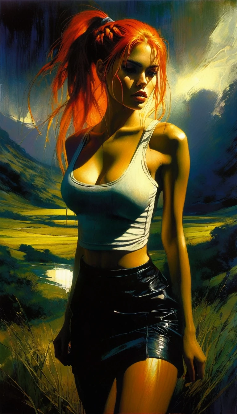 very sexy girl with orange hair in two braids, tight miniskirt, tank top, medium breasts, marked nipples, in a large nature landscape,oil painting, chiaroscuro, sensual, dramatic lighting, moody atmosphere, photorealistic, intricate details, masterpiece, ultra-detailed, high quality, 8k, best quality, realistic, cinematic, dark and brooding, expressionistic, powerful composition, emotional impact, Bill Sienkiewicz inspired art