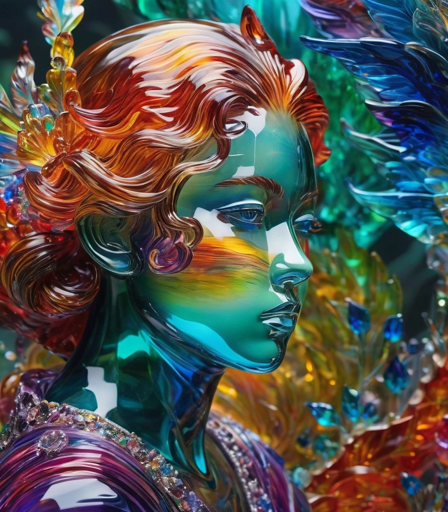 A detailed and vibrant portrait of glasssculpture, alisabcnv  in a fantastical landscape with vibrant colors and intricate details, rendered in an art style that mixes realism with elements of surrealism, done by artists such as Ruan Jia and Yoshitaka Amano. 