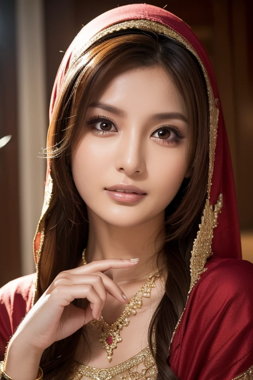 Muslim woman who ate pork:1.5, Dynamic, cinematic photos,(Ultra Realistic, High resolution), (Highly detailed eyes, Highly detailed hair, highly Detailed face, Highly detailed plump lips，Perfect Anatomy),(Highest quality:1.4), (Realistic, photo-Realistic:1.37), Professional photography, Cinematic Light, (Detailed face: 1.2), smile, Waist line:1.5, Highly detailed skin,very thin fingers, RAW Photos