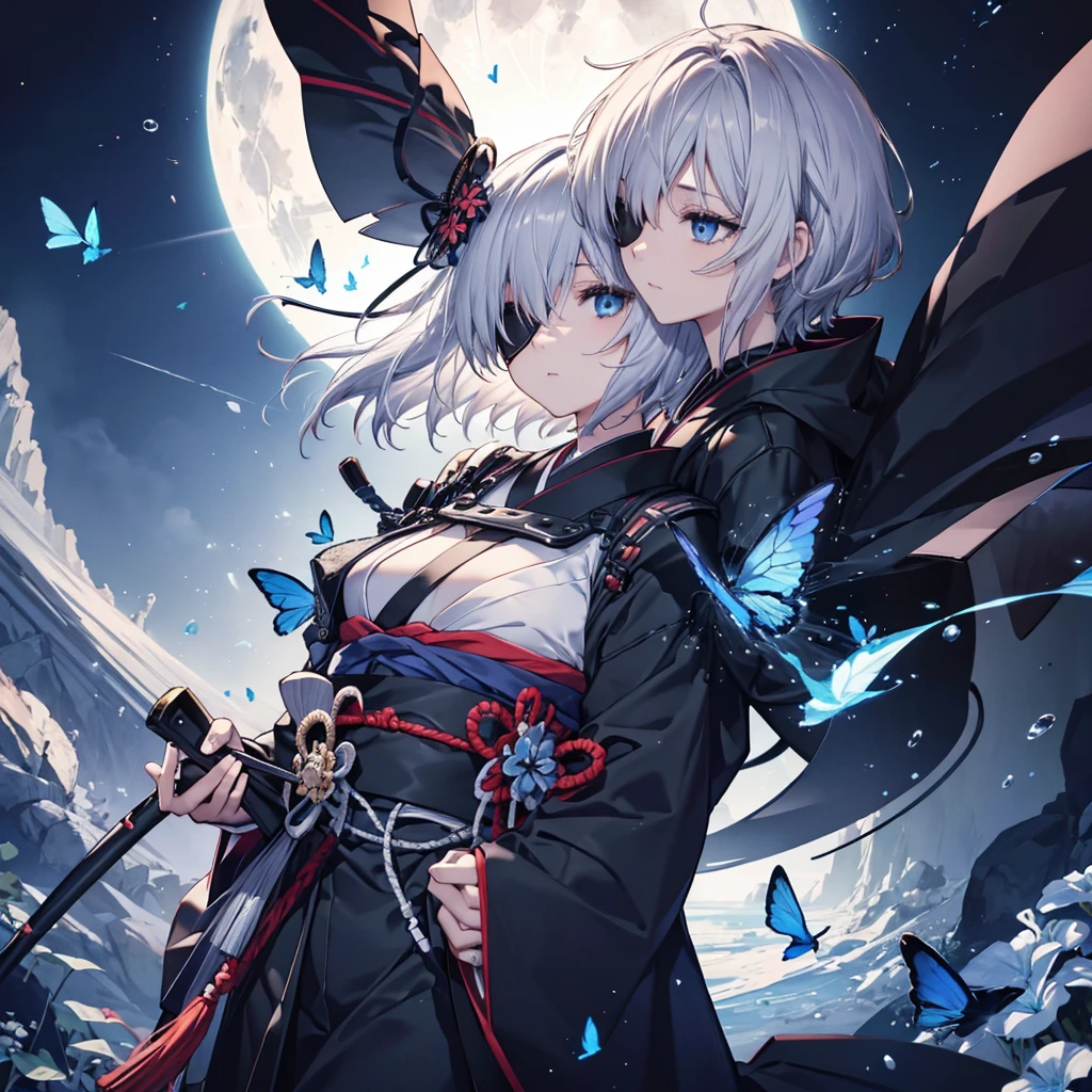 (((1 person Put on an eye patch Gray Hair))) ((High resolution short hair Black kimono Shoulder Rin々Funny face Hold the knife in front of your chest)) ((Black Band Samurai Lonely despair Blue eyes Close-up)) ((Blue Butterfly night Japanese style old Shining Aura garden water surface Catch the wind)) (dance Japanese knife knife Slashing) Moon night moonlight star Draw your sword Shining Background Shining Edge
