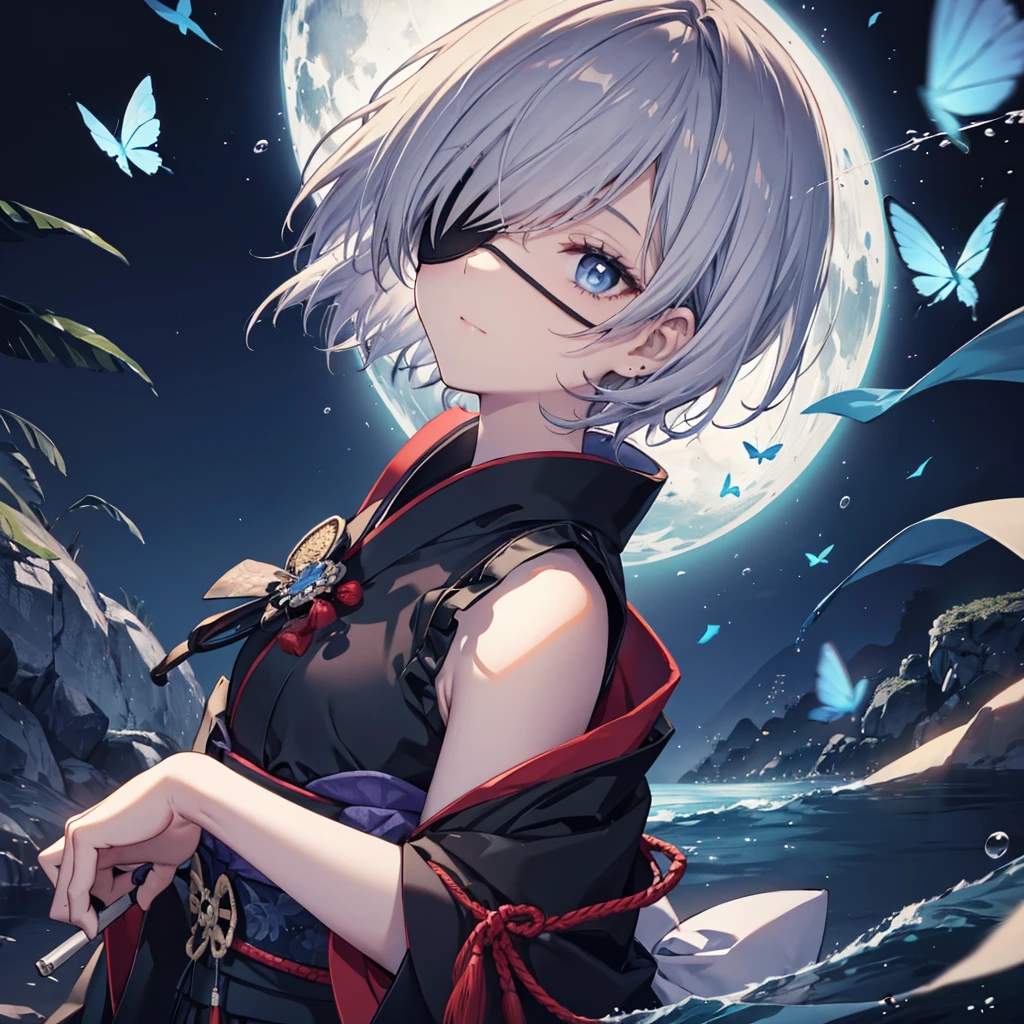 (((1 person　Put on an eye patch　Gray Hair)))　((High resolution　short hair　Black kimono　Shoulder　Rin々Funny face　Hold the knife in front of your chest))　((Black Band　Samurai　Lonely　despair　Blue eyes　Close-up))　((Blue Butterfly　night　Japanese style　old　Shining Aura　garden　water surface　Catch the wind))　(dance　Japanese knife　knife　Slashing)　Moon night　moonlight　star　Draw your sword　Shining Background　Shining Edge