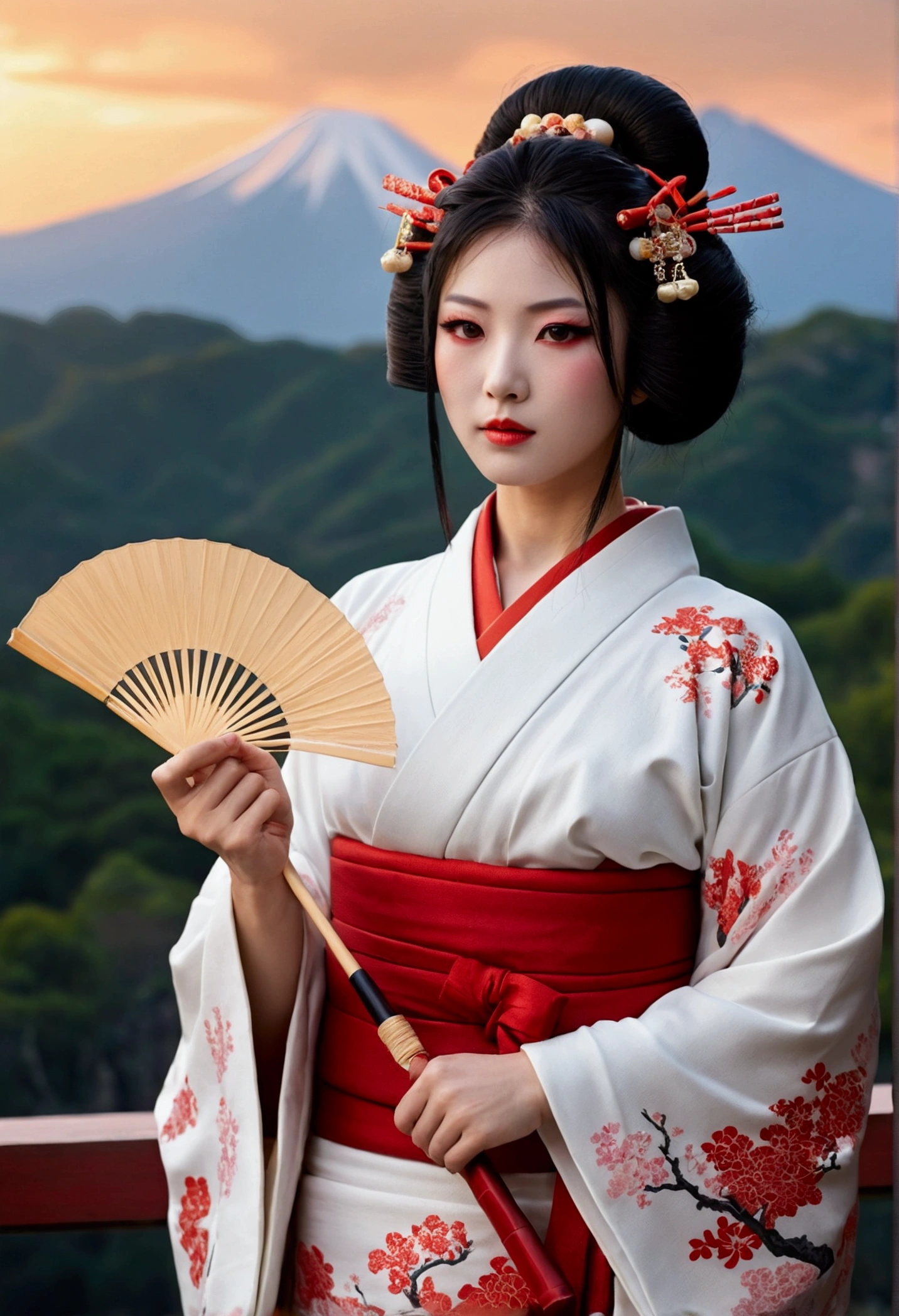 masterpiece, Highest quality,One girl, red bow, bow, Long Hair, hair bow, , alone, hair band, bird, Black Hair, fingerless gloves, Short sleeve, gloves, sash, pants, bangs, red hair band, arms, chest, Brown eyes, white pants, kimono, Confused, A light smile, Official Art, Good composition, Official pose, detailed Portraiture, Portraiture, Bokeh, Clouds and mountains background, warrior, onmyoji style, High resolution, Dramatic lighting and shadows, Solar flare, Blurred foreground 24k,High quality masterpiece, landscape, cloud, Bright starry sky. Traveler, Romantic Light, sexy pose Pixiv, Concept Art, Lofi Art Style, reflection. Roffie Art, Beautiful , Detailed landscape — width 672, Enhanced Details. change, Leprechaun,A woman in a kimono holding a folding fan and a uchiwa fan, Traditional Japanese, Japanese style, Japanese Goddess, glamorous and sexy geisha, japanese geisha, Traditional beauty, in kimono, geisha, beauty geisha, Inspired by Fujiwara Takanobu, traditional geisha clothing, geisha makeup, organic seductive geisha, geisha make up