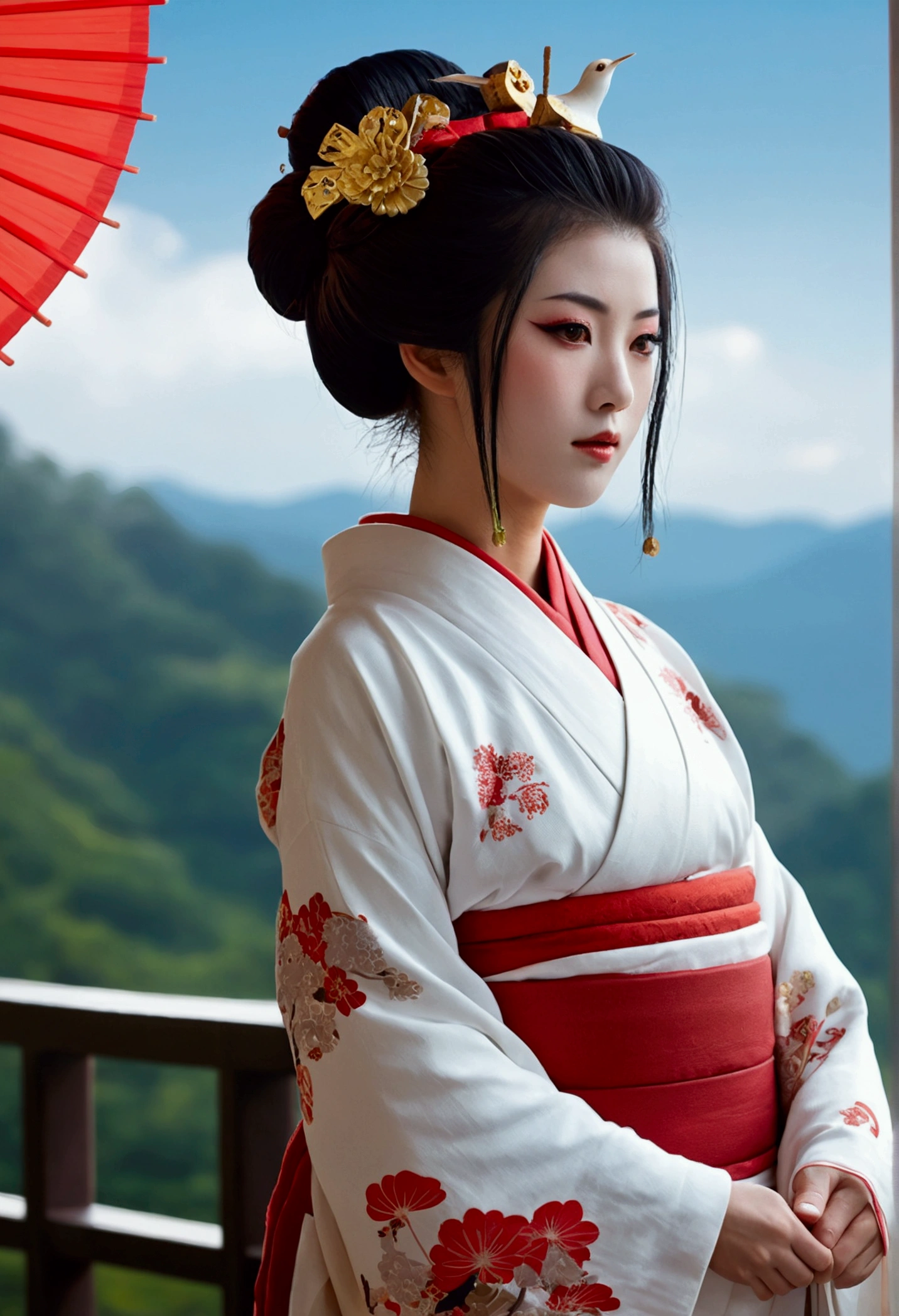 masterpiece, Highest quality,One girl, red bow, bow, Long Hair, hair bow, , alone, hair band, bird, Black Hair, fingerless gloves, Short sleeve, gloves, sash, pants, bangs, red hair band, arms, chest, Brown eyes, white pants, kimono, Confused, A light smile, Official Art, Good composition, Official pose, detailed Portraiture, Portraiture, Bokeh, Clouds and mountains background, warrior, onmyoji style, High resolution, Dramatic lighting and shadows, Solar flare, Blurred foreground 24k,High quality masterpiece, landscape, cloud, Bright starry sky. Traveler, Romantic Light, sexy pose Pixiv, Concept Art, Lofi Art Style, reflection. Roffie Art, Beautiful , Detailed landscape — width 672, Enhanced Details. change, Leprechaun,A woman in a kimono holding a folding fan and a uchiwa fan, Traditional Japanese, Japanese style, Japanese Goddess, glamorous and sexy geisha, japanese geisha, Traditional beauty, in kimono, geisha, beauty geisha, Inspired by Fujiwara Takanobu, traditional geisha clothing, geisha makeup, organic seductive geisha, geisha make up