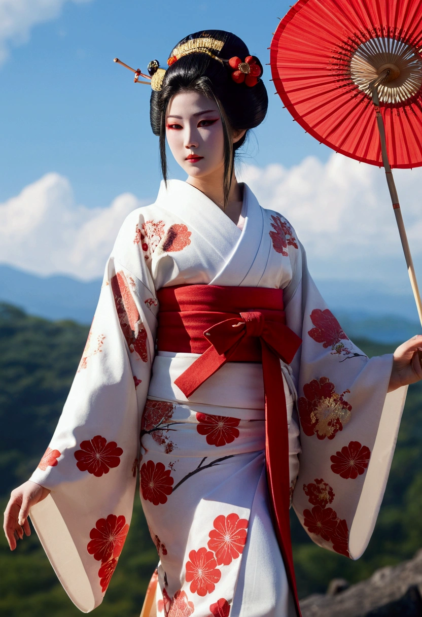 masterpiece, Highest quality,One girl, red bow, bow, Long Hair, hair bow, , alone, hair band, bird, Black Hair, fingerless gloves, Short sleeve, gloves, sash, pants, bangs, red hair band, arms, chest, Brown eyes, white pants, kimono, Confused, A light smile, Official Art, Good composition, Official pose, detailed Portraiture, Portraiture, Bokeh, Clouds and mountains background, warrior, onmyoji style, High resolution, Dramatic lighting and shadows, Solar flare, Blurred foreground 24k,High quality masterpiece, landscape, cloud, Bright starry sky. Traveler, Romantic Light, sexy pose Pixiv, Concept Art, Lofi Art Style, reflection. Roffie Art, Beautiful , Detailed landscape — width 672, Enhanced Details. change, Leprechaun,A woman in a kimono holding a folding fan and a uchiwa fan, Traditional Japanese, Japanese style, Japanese Goddess, glamorous and sexy geisha, japanese geisha, Traditional beauty, in kimono, geisha, beauty geisha, Inspired by Fujiwara Takanobu, traditional geisha clothing, geisha makeup, organic seductive geisha, geisha make up