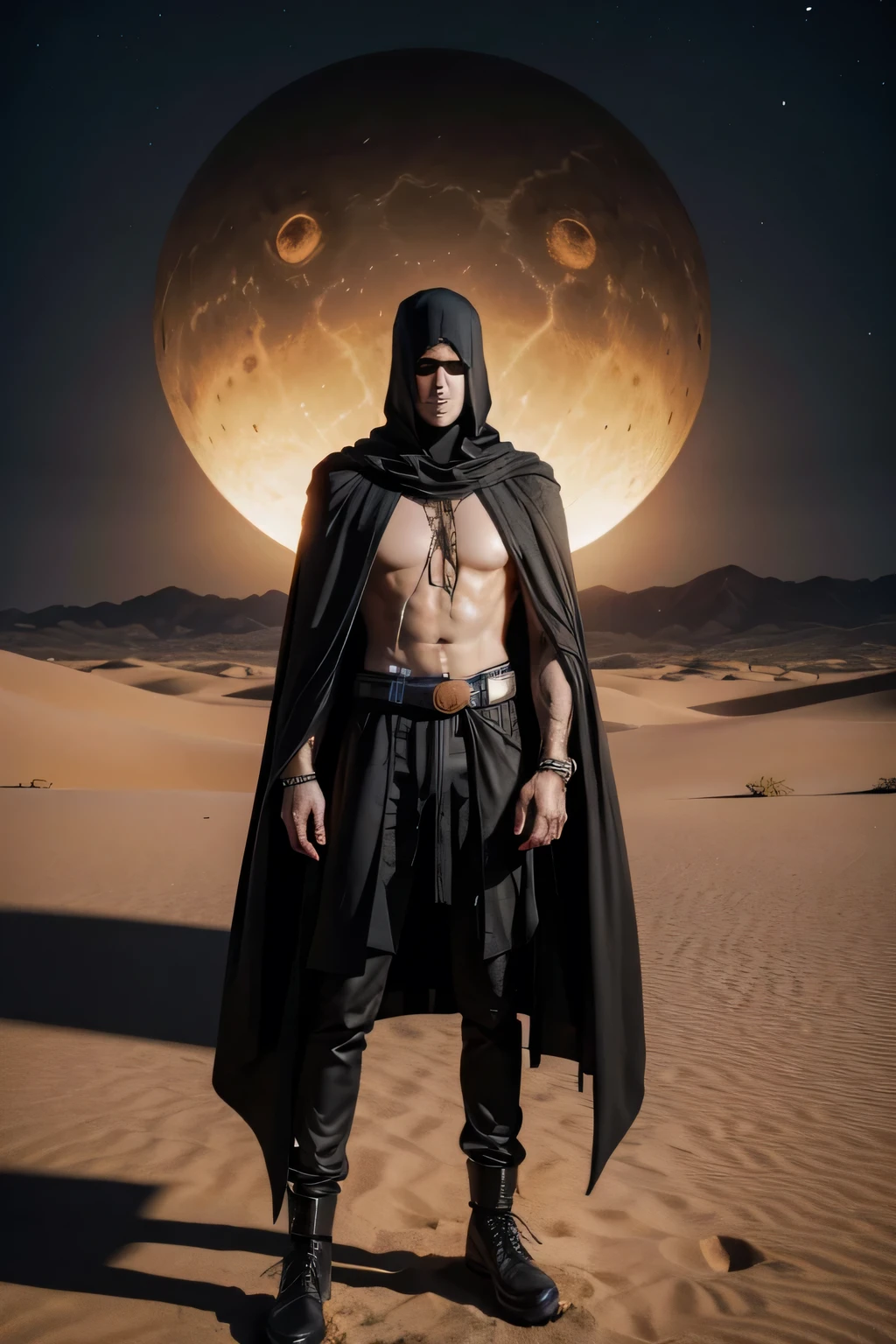 man in the desert with a black cape with his head down image 3d drawing dark orange desert sun energy descending to the man
