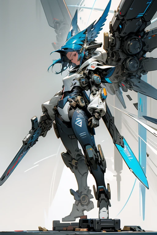 Robot,droid,MECA,Blue Wings,stylish,human_no,giant size,hyper realistic,masterpiece,best quality,super detailed,super fine illustration,Break(holding weapon:1.3),