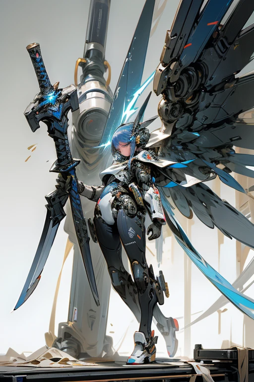 ((Best quality)), ((masterpiece)), (highly detailed:1.3), 3D, beautiful, (cyberpunk:1.2), in space, nebula, holding_weapon, (1Female mecha:1.3), facing the viewer, glowing eyes, full body, (flying, swooping down, dynamic, motion blur: 1.4), (huge mecha wings: 1.6), looking up, glowing_eyes, mecha, panorama, background is earth, nebula, space, particles, reality, HDR (High Dynamic Range), Ray Tracing, NVIDIA RTX, Super Resolution, Unreal 5, Subsurface Scattering, PBR Texturing, Post Processing, Anisotropic Filtering, Depth of Field, Maximum Clarity and Clarity, Multilayer Textures, Albedo and Specular map, Surface shading, accurate simulation of light-material interaction, perfect proportion, Octane Render, two-tone lighting, large aperture, low ISO, white balance, rule of thirds, 8K RAW, efficient sub-pixel, sub-pixel convolution,