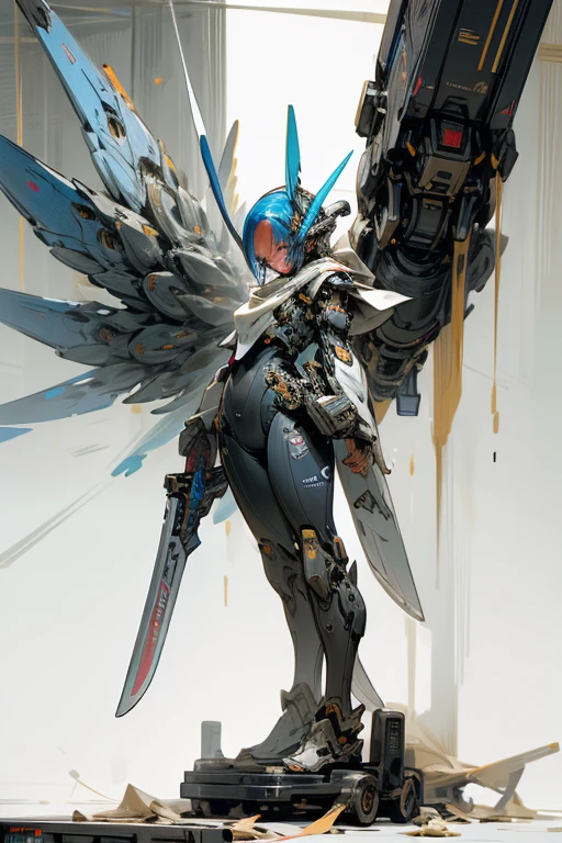 Robot,droid,MECA,Blue Wings,stylish,human_no,giant size,hyper realistic,masterpiece,best quality,super detailed,super fine illustration,Break(holding weapon:1.3),