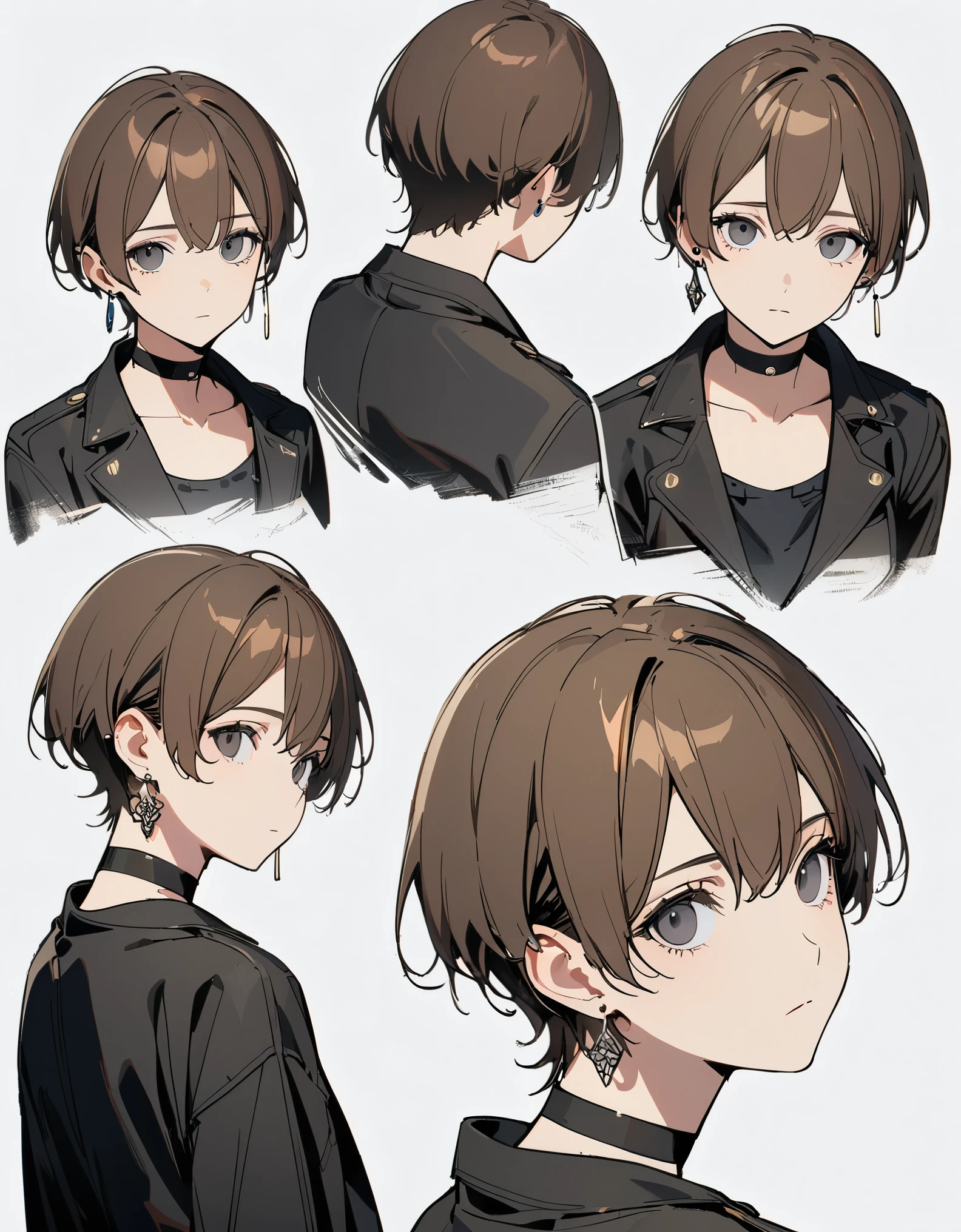 best quality, beautiful, 8K, expressionless, looking back, looking up, 後ろで結んでいる, brown hair, black eyes, eyes half-closed, slim, jacket, earrings, choker, boyish, concept
