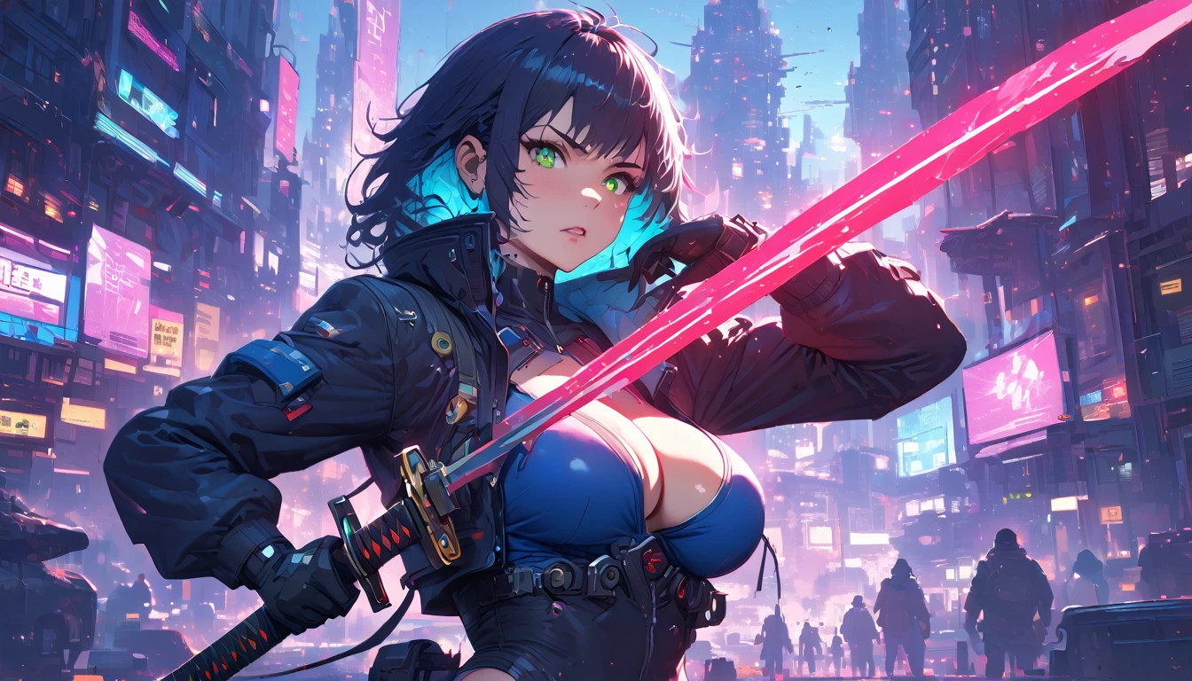 best quality,4k,8k, highres, masterpiece:1.2), ultra-detailed, extremely detailed eyes, extremely detailed body, (large masterpiece digital art), (detailed manga illustration), (detailed line art), ((perfect anatomy)), (intricate details:1.3), (ultra-detailed:1.3), (illustration:1.3), (sharp focus:1.3), (natural lighting:1.05), (vivid colors:1.3), (masterpiece), best quality, expressive eyes, perfect face, 1 girl, breasts, cleavage, gloves, large breasts, cyberpunk clothes, black jacket, dark blue hair, very long hair, messy hair, green eyes, curvy physique, athletic build, wearing black and blue uniform, shorts, fighting stance, huge ass, cyberworld, cinematic lighting, dramatic atmosphere, Beautiful woman, laser katana sword in hand, white skin, long black hair, portrait, Jeff Bridges, ((cartoon style)), Marvel Cinematic Universe style, (((cyberpunk city in the background))), soft bokeh of futuristic city, Atey Ghailan, Jeremy Mann, Greg Manchess, Antonio Moro, trend in ArtStation, trend in CGSociety, Intricate, High Detail, Sharp focus, dramatic and photorealistic painting art by Midjourney and Greg Rutkowski, bokeh in the background
