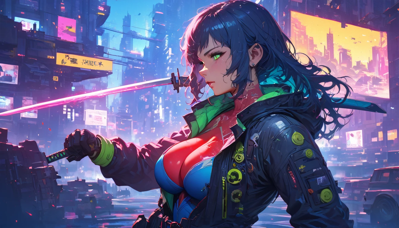 best quality,4k,8k, highres, masterpiece:1.2), ultra-detailed, extremely detailed eyes, extremely detailed body, (large masterpiece digital art), (detailed manga illustration), (detailed line art), ((perfect anatomy)), (intricate details:1.3), (ultra-detailed:1.3), (illustration:1.3), (sharp focus:1.3), (natural lighting:1.05), (vivid colors:1.3), (masterpiece), best quality, expressive eyes, perfect face, 1 girl, breasts, cleavage, gloves, large breasts, cyberpunk clothes, black jacket, dark blue hair, very long hair, messy hair, green eyes, curvy physique, athletic build, wearing black and blue uniform, shorts, fighting stance, huge ass, cyberworld, cinematic lighting, dramatic atmosphere, Beautiful woman, laser katana sword in hand, white skin, long black hair, portrait, Jeff Bridges, ((cartoon style)), Marvel Cinematic Universe style, (((cyberpunk city in the background))), soft bokeh of futuristic city, Atey Ghailan, Jeremy Mann, Greg Manchess, Antonio Moro, trend in ArtStation, trend in CGSociety, Intricate, High Detail, Sharp focus, dramatic and photorealistic painting art by Midjourney and Greg Rutkowski, bokeh in the background