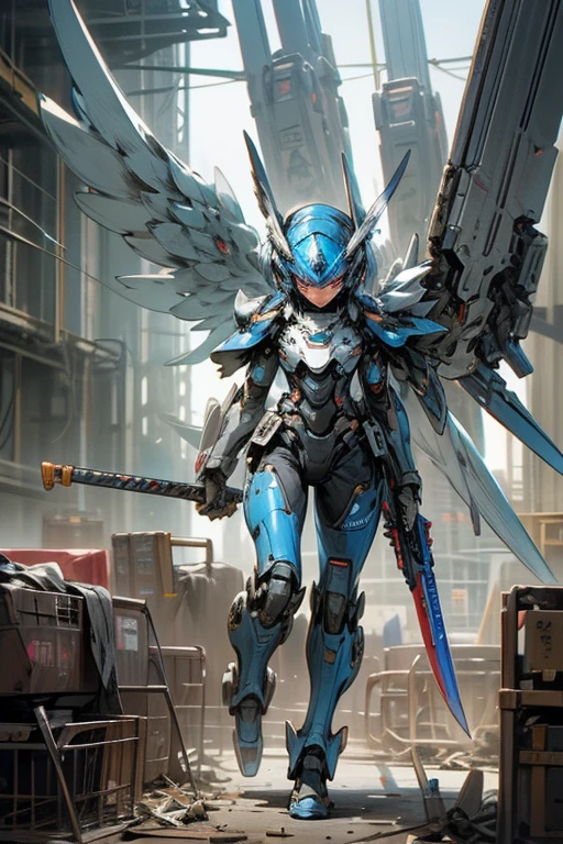 Robot,droid,MECA,Blue Wings,giant size,hyper realistic,masterpiece,best quality,super detailed,super fine illustration,Break(holding weapon:1.3),