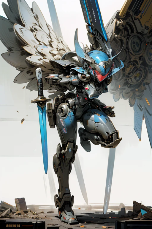 Robot,droid,MECA,Blue Wings,giant size,hyper realistic,masterpiece,best quality,super detailed,super fine illustration,Break(holding weapon:1.3),