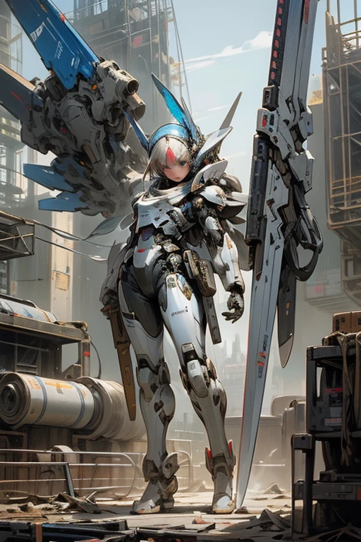 Robot,droid,MECA,Blue Wings,giant size,hyper realistic,masterpiece,best quality,super detailed,super fine illustration,Break(holding weapon:1.3),