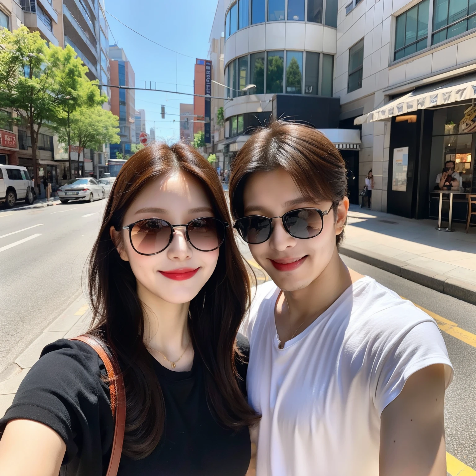 They took a photo outside the restaurant., Streets in the city, 8K Selfie, Wear sunglasses, Vacation Photos, Cute Couple