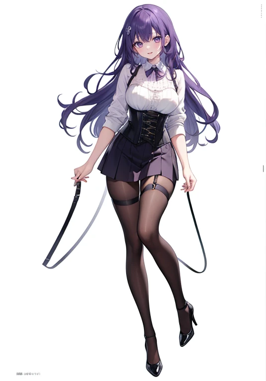 Purple long hair,Adult female,White shirt,(Rolling up his sleeves),((body harness)),((corset)),skirt,High heels,(Simple white background),((full body))
