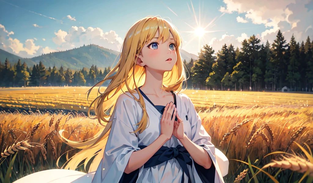 Fresh painting style，In the wheat field，girl，Keep hands away from sunlight，Bright sky，Looking up，Anime characters，Super detailed，Very realistic，masterpiece，8k，Hyper HD