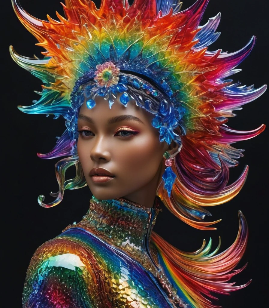 A detailed and vibrant portrait of glasssculpture, alisabcnv  in a fantastical landscape with vibrant colors and intricate details, rendered in an art style that mixes realism with elements of surrealism, done by artists such as Ruan Jia and Yoshitaka Amano. Rainbow 🌈  Starfish 🌈 Suit 