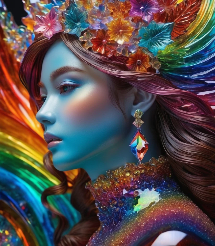 A detailed and vibrant portrait of glasssculpture, alisabcnv in a fantastical landscape with vibrant colors and intricate details, rendered in an art style that mixes realism with elements of surrealism, done by artists such as Ruan Jia and Yoshitaka Amano. Rainbow 🌈 Starfish 🌈 Suit