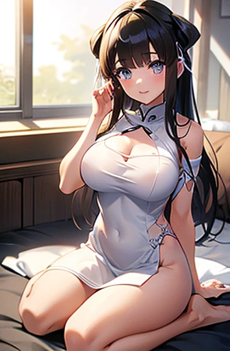 White Chinese Dress,See through,(masterpiece, Highest quality:1.2),figure,8k,High resolution,One girl,alone,Browsing Caution,Large Breasts、Long black hair