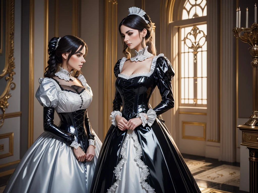 spectacularly beautiful mature trophy wife with elegant makeup wearing a very strict Victorian gown with massive crinoline, enormous tall starched lace collar and puff sleeves. shiny metallic satin. standing at Carlton Towers facing her poor twin sister dressed in a black pvc formal chambermaid uniform. upper body view