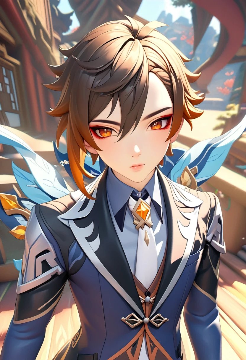 a close up of a kpop boy with blue messy hair and a blue vangabon suit, [ trending on cgsociety ]!!,  cgsociety, keqing from genshin impact, realistic anime 3 d style, anime styled 3d, artwork in the style of guweiz, high definition cgsociety, zhongli from genshin impact, anime highly detailed, g cgsociety