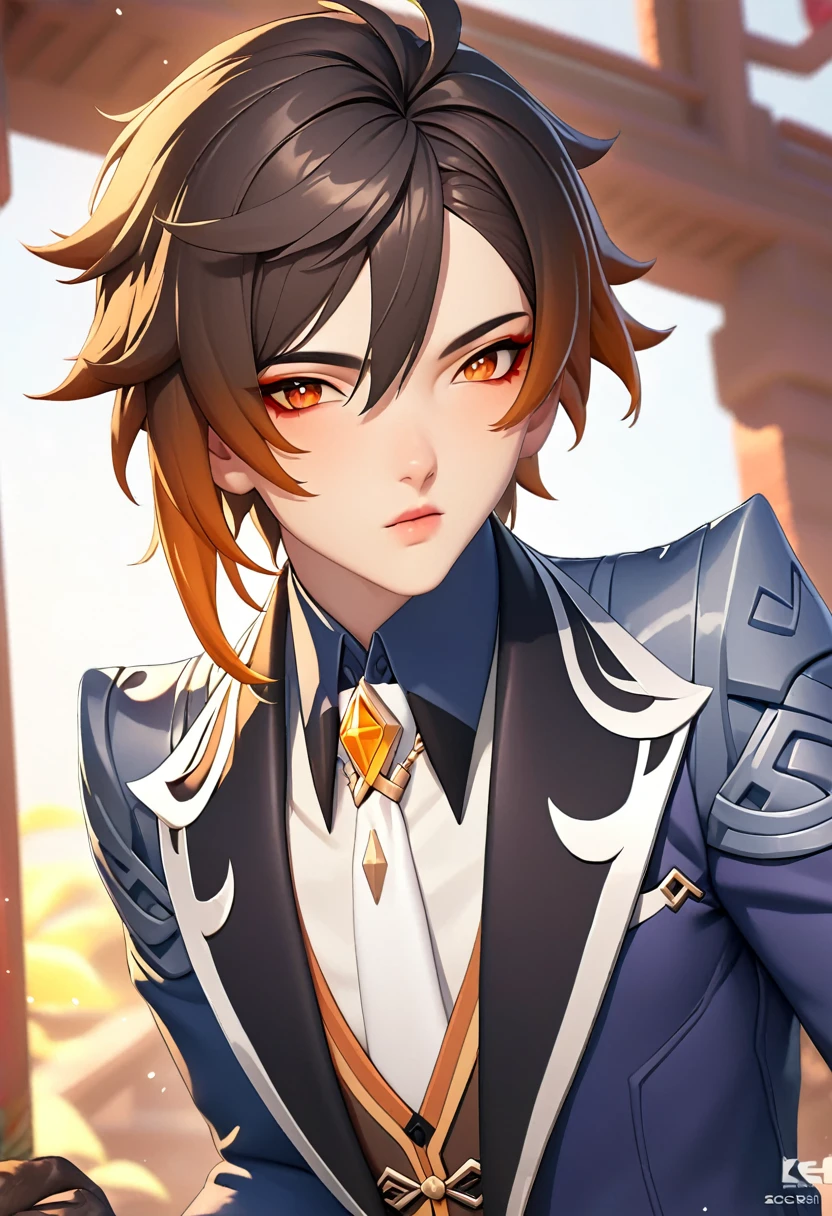 a close up of a kpop boy with blue messy hair and a blue vangabon suit, [ trending on cgsociety ]!!,  cgsociety, keqing from genshin impact, realistic anime 3 d style, anime styled 3d, artwork in the style of guweiz, high definition cgsociety, zhongli from genshin impact, anime highly detailed, g cgsociety