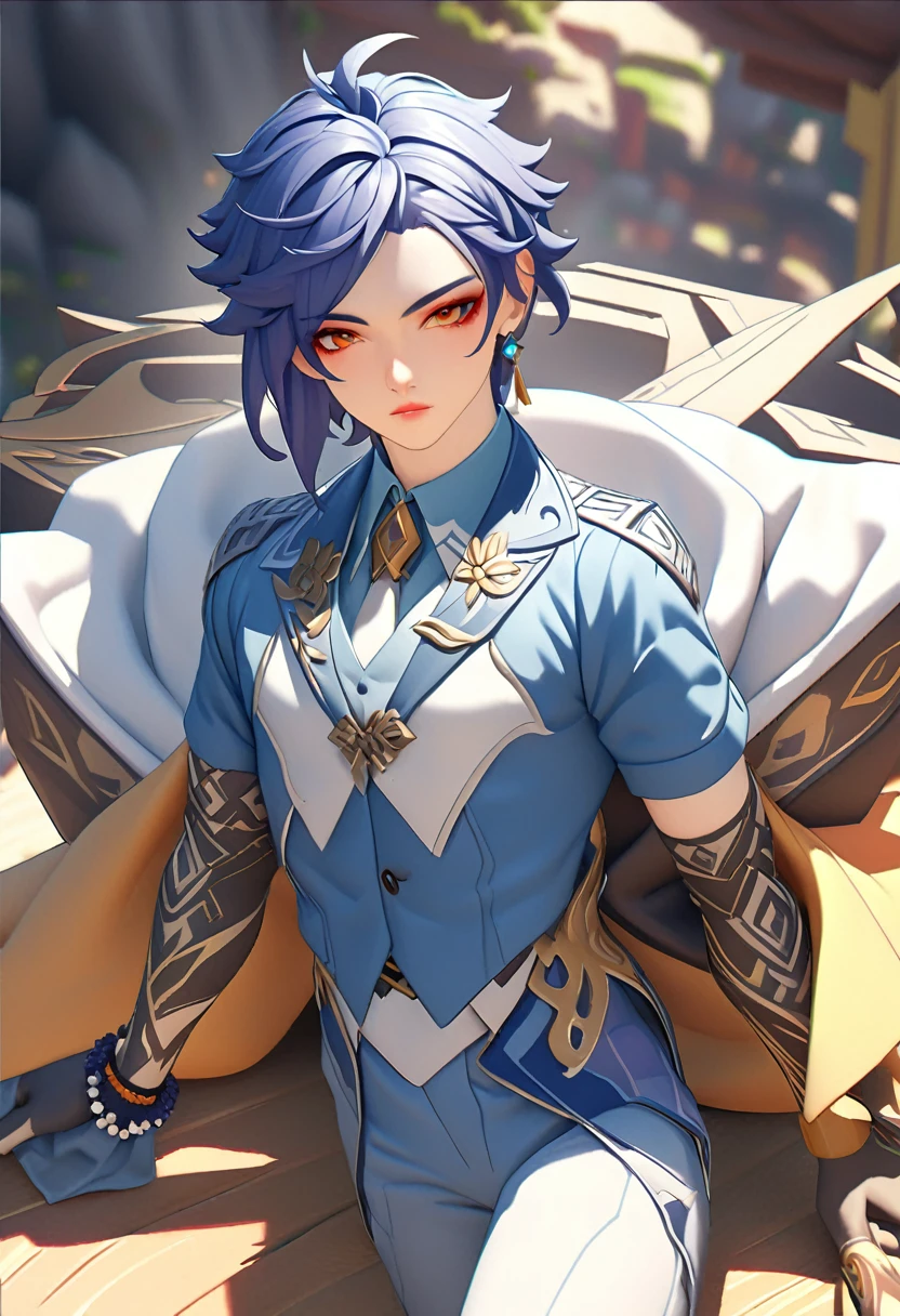 masterpiece, best quality,kaeya (genshin impact), 1boy, male focus, eyepatch, dark-skinned male, gloves, solo, jewelry, blue hair, earrings, long hair, blue eyes, single earring, dark skin,  bangs, black gloves, smile, fingerless gloves, closed mouth, (grey background:1.4),(kbxll:0.6)