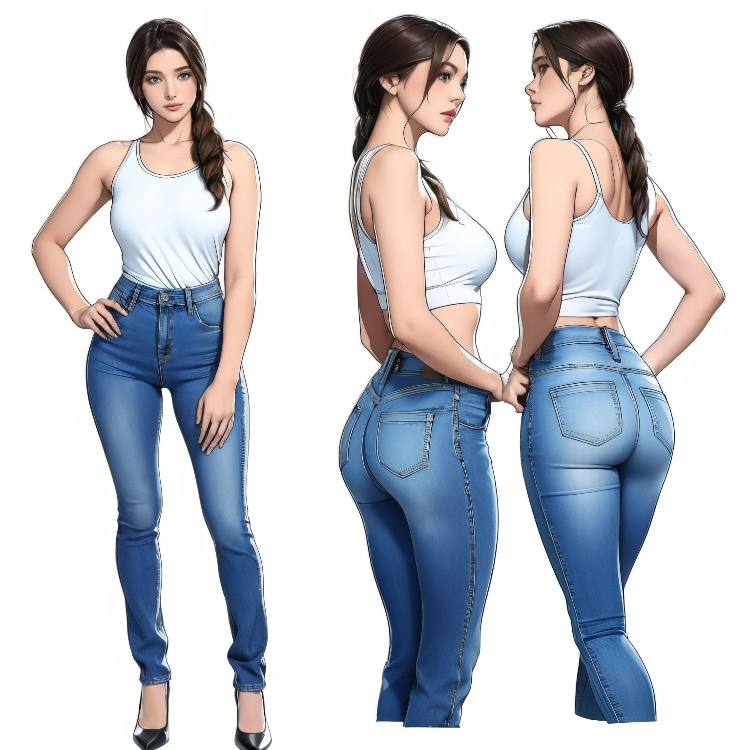 Detailed character sheet, Front view, Side view, Oblique view, with a white returnground, show women, 30 years old, with short dark brown hair combed return, Light casual clothing, Wear tight denim jeans. The seat includes different angles, Front desk etc.., return, and Side views, Model and Reference Sheets, Full body painting. The ratio is based on 7.5 Head Scale.