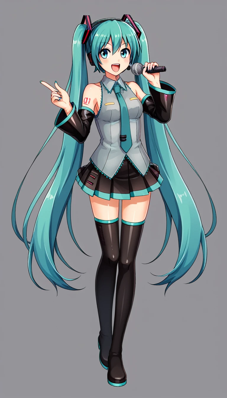 Full body, hatsune miku, anime design, simple idol pose, grey background, Microphone in hand