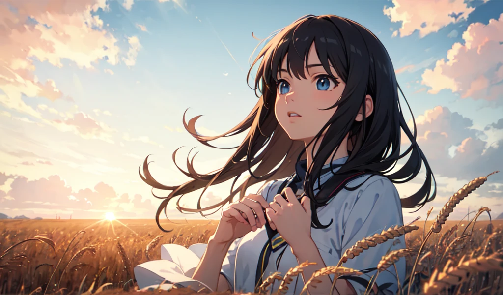 Fresh painting style,In the wheat field,girl,Keep hands away from sunlight,Bright sky,Looking up,Anime characters,Super detailed,Very realistic,masterpiece,8k,Hyper HD