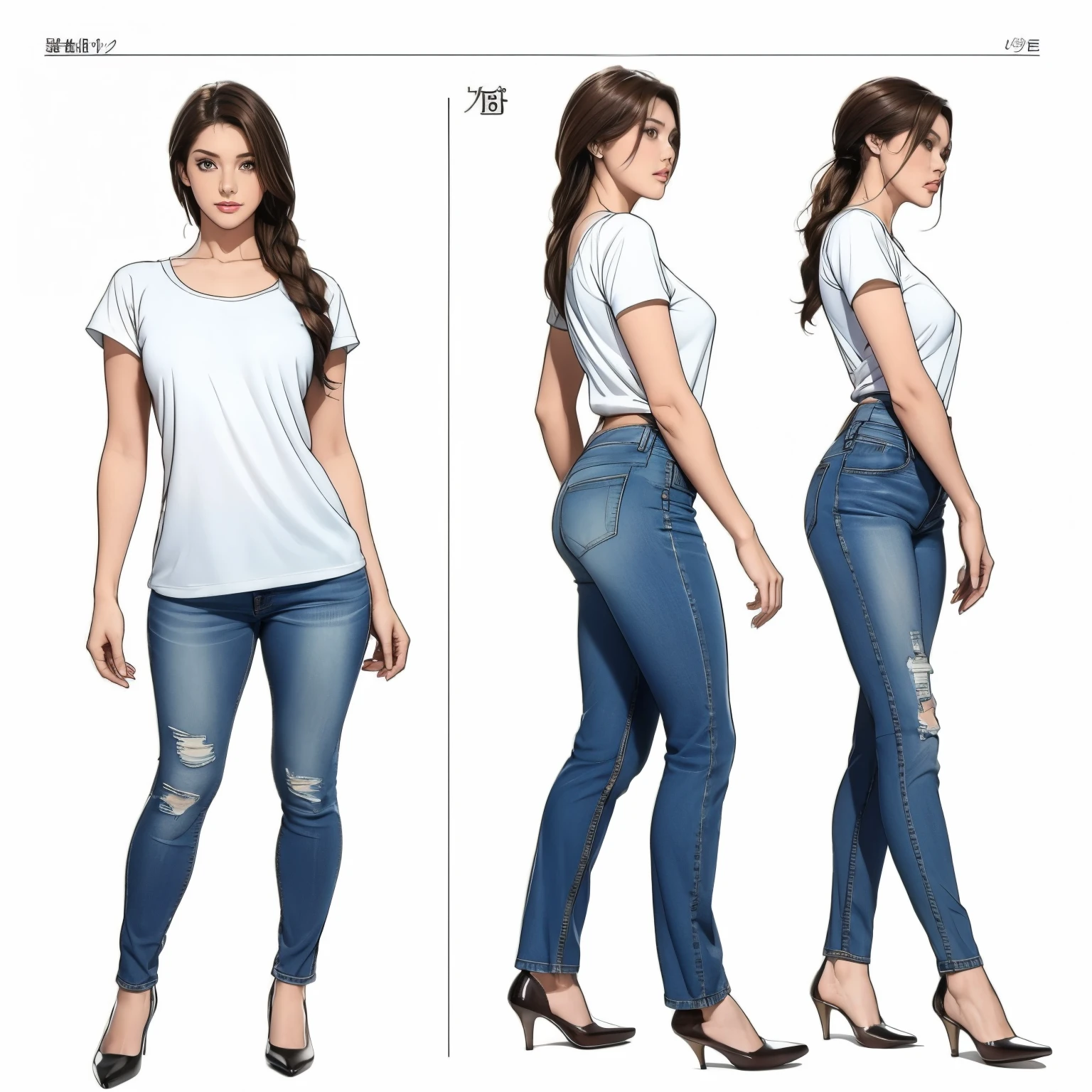 Detailed character sheet, Front view, Side view, Oblique view, with a white returnground, show women, 30 years old, with short dark brown hair combed return, Light casual clothing, Wear tight denim jeans. The seat includes different angles, Front desk etc.., return, and Side views, Model and Reference Sheets, Full body painting. The ratio is based on 7.5 Head Scale.