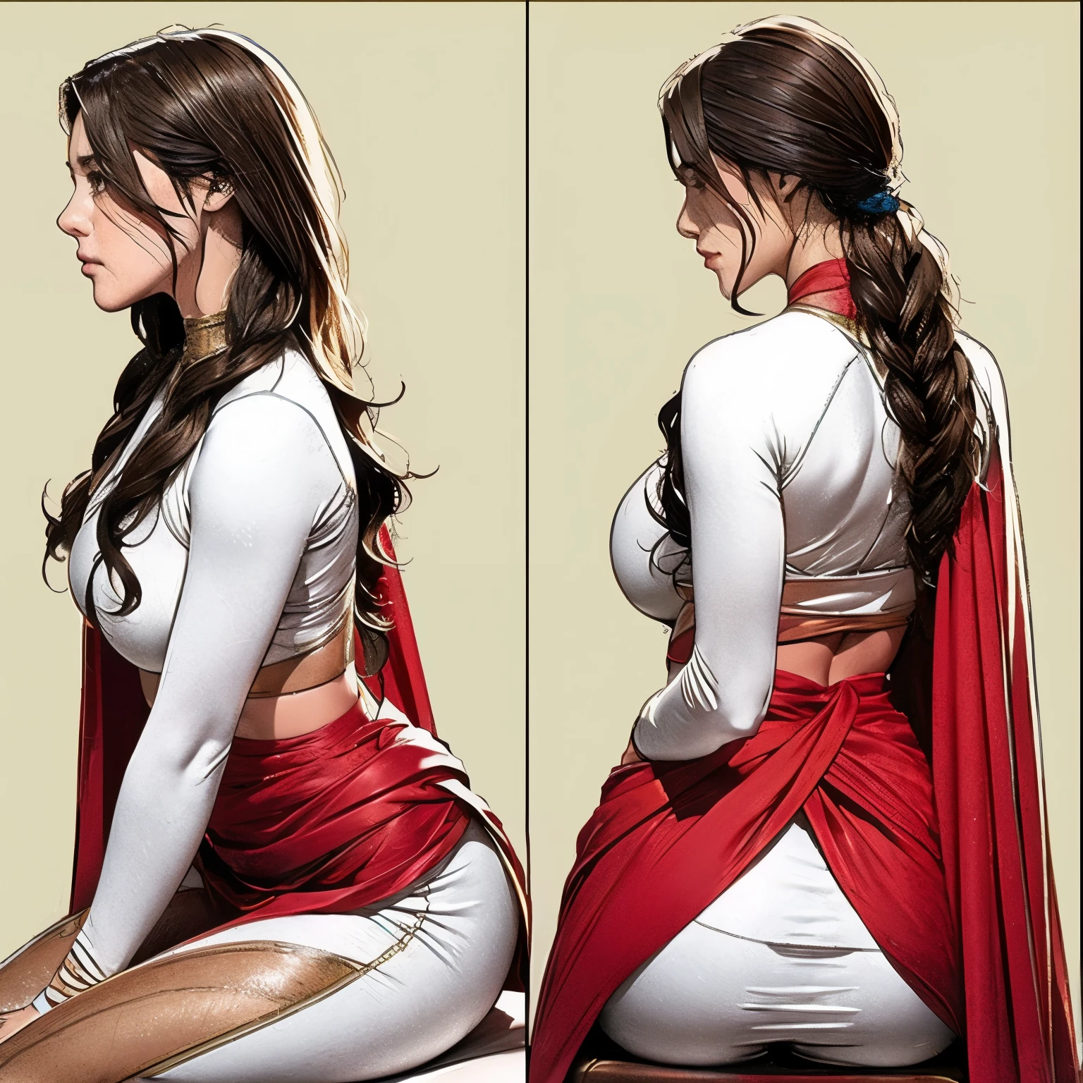 Detailed character sheet, Front view, Side view, Oblique view, with a white returnground, show women, 30 years old, with short dark brown hair combed return, 1 female warrior, Wavy Cape, long flowing hair, Swordsman Style, Light Armor, (Earth-toned long leggings), Slim figure, Toned thighs, Tight round ass, Low angle shot, From below, The seat includes different angles, Front desk etc.., return, and Side views, Model and Reference Sheets, Full body painting. The ratio is based on 7.5 Head Scale.