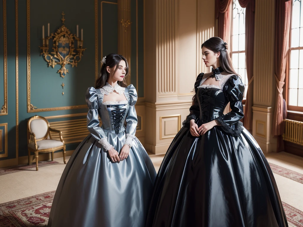 spectacularly beautiful mature trophy wife with elegant makeup wearing a very strict Victorian gown with massive crinoline, enormous tall starched lace collar and puff sleeves. shiny metallic satin. standing at Carlton Towers facing her poor twin sister dressed in a black pvc formal chambermaid uniform. upper body view