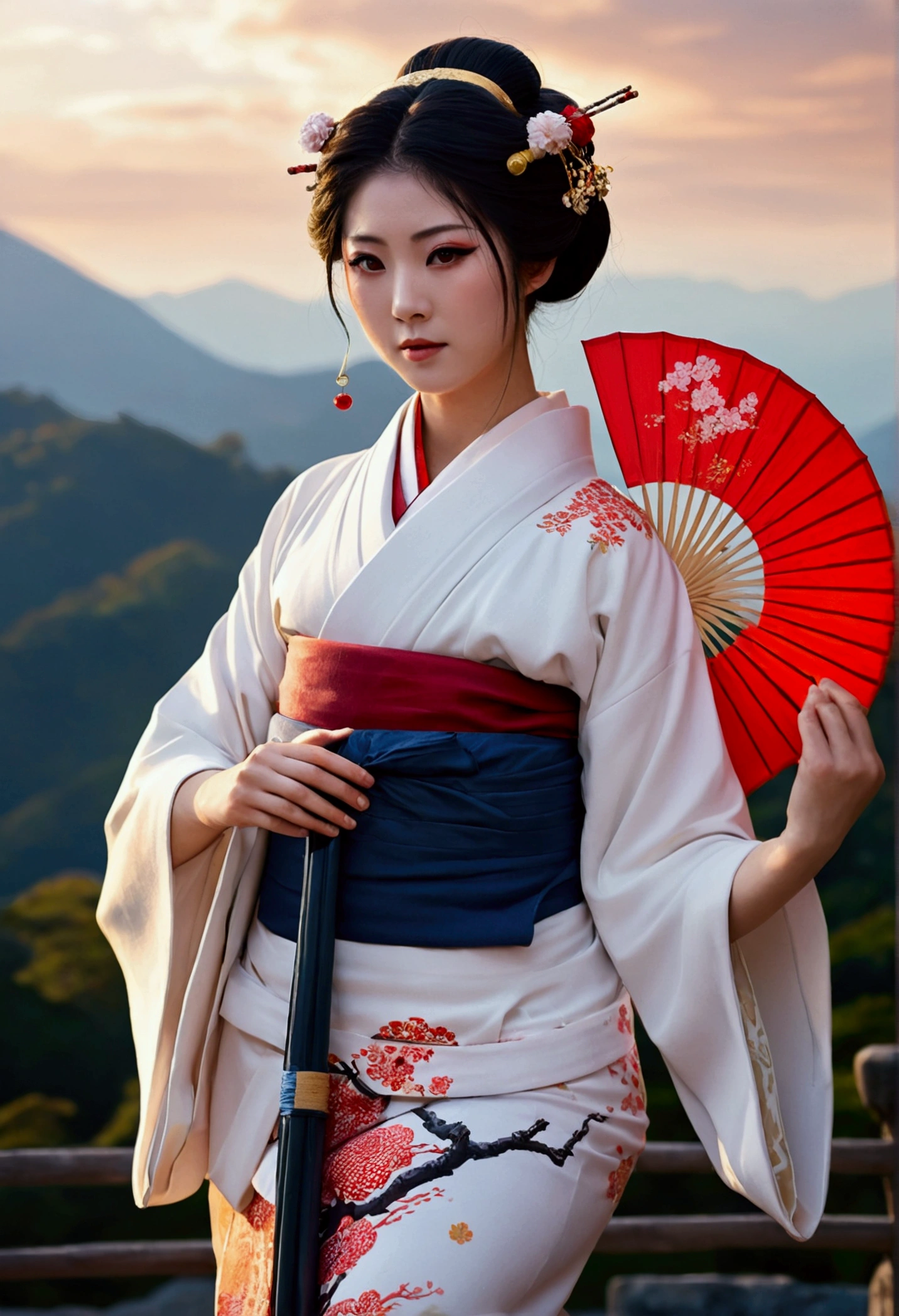 super huge mountain、The Alps、Nice views、Wonderful nature、Fantasy、Huge waterfall、High resolution、Highest quality、Masterpiece, Highest quality,One girl, red bow, bow, Long Hair, hair bow, , alone, hair band, bird, Black Hair, fingerless gloves, Short sleeve, gloves, sash, pants, bangs, red hair band, arms, chest, Brown eyes, white pants, kimono, Confused, A light smile, Official Art, Good composition, Official pose, detailed Portraiture, Portraiture, bokeh, Clouds and mountains background, warrior, onmyoji style, High resolution, Dramatic lighting and shadows, Solar flare, Blurred foreground 24k,High quality masterpiece, landscape, cloud, Bright starry sky. Traveler, Romantic Light, sexy pose Pixiv, Concept Art, Lofi Art Style, reflection. Roffie Art, Beautiful , Detailed landscape — width 672, Enhanced Details. change, Leprechaun,A woman in a kimono holding a folding fan and a uchiwa fan, Traditional Japanese, Japanese style, Japanese Goddess, glamorous and sexy geisha, japanese geisha, Traditional beauty, in kimono, geisha, beauty geisha, Inspired by Fujiwara Takanobu, traditional geisha clothing, geisha makeup, organic seductive geisha, geisha make up