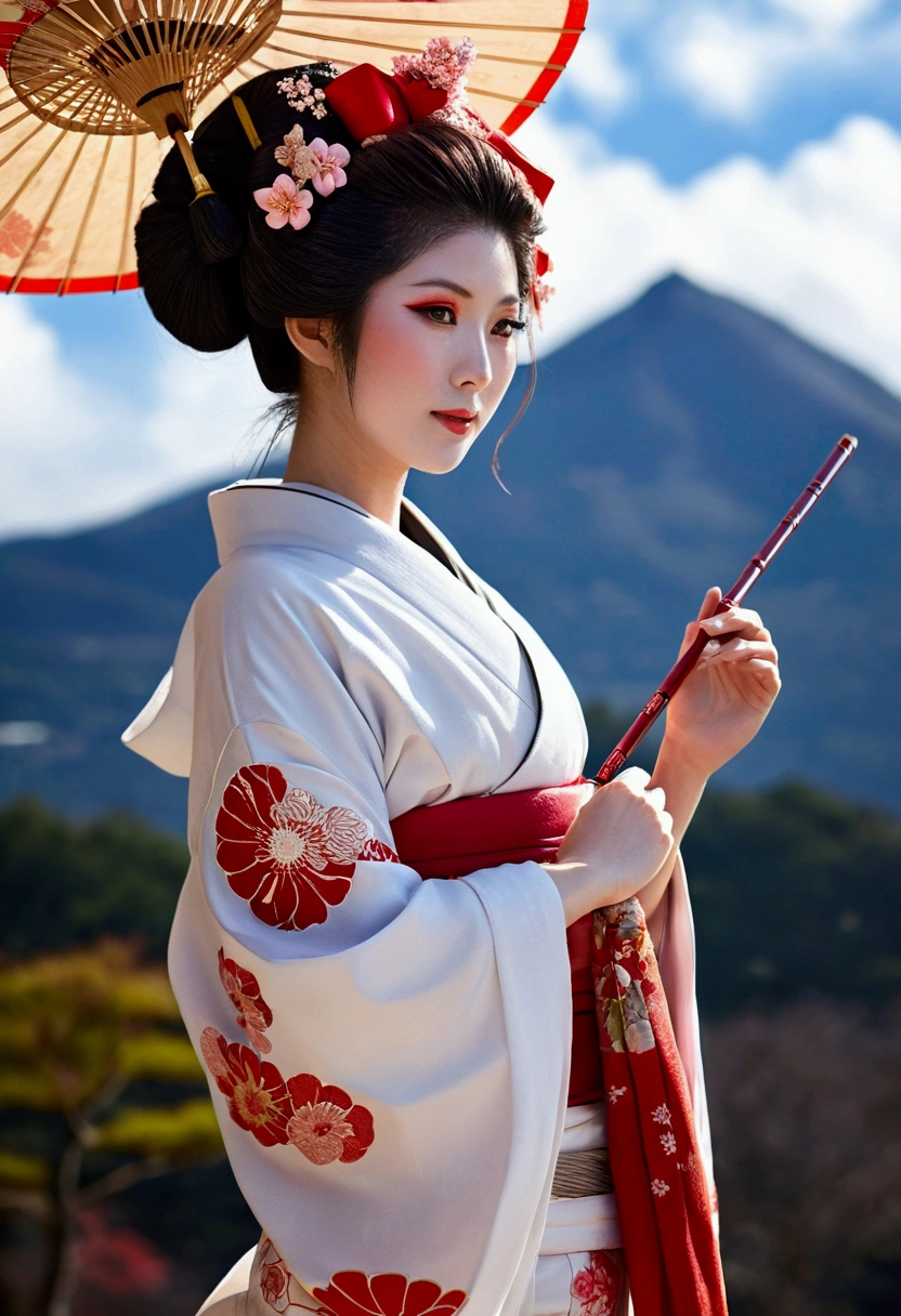 super huge mountain、The Alps、Nice views、Wonderful nature、Fantasy、Huge waterfall、High resolution、Highest quality、Masterpiece, Highest quality,One girl, red bow, bow, Long Hair, hair bow, , alone, hair band, bird, Black Hair, fingerless gloves, Short sleeve, gloves, sash, pants, bangs, red hair band, arms, chest, Brown eyes, white pants, kimono, Confused, A light smile, Official Art, Good composition, Official pose, detailed Portraiture, Portraiture, bokeh, Clouds and mountains background, warrior, onmyoji style, High resolution, Dramatic lighting and shadows, Solar flare, Blurred foreground 24k,High quality masterpiece, landscape, cloud, Bright starry sky. Traveler, Romantic Light, sexy pose Pixiv, Concept Art, Lofi Art Style, reflection. Roffie Art, Beautiful , Detailed landscape — width 672, Enhanced Details. change, Leprechaun,A woman in a kimono holding a folding fan and a uchiwa fan, Traditional Japanese, Japanese style, Japanese Goddess, glamorous and sexy geisha, japanese geisha, Traditional beauty, in kimono, geisha, beauty geisha, Inspired by Fujiwara Takanobu, traditional geisha clothing, geisha makeup, organic seductive geisha, geisha make up