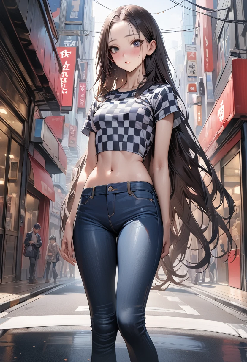 ((masterpiece,Highest quality:1.3,best quality illustration)),realistic,cowboy shot,独奏,1woman,(18 year old beauty),((very small head:1.3)),black hair,long hair,forehead,center parted bangs,black eyes,gorgeous big eyes,blush,((very long body,skinny)),medium breasts,gleaming skin,toned body,slender body,skinny,(Red Checkered Shirt)、Denim mini skirt、navel,on street,Shinjuku、Tokyo、
