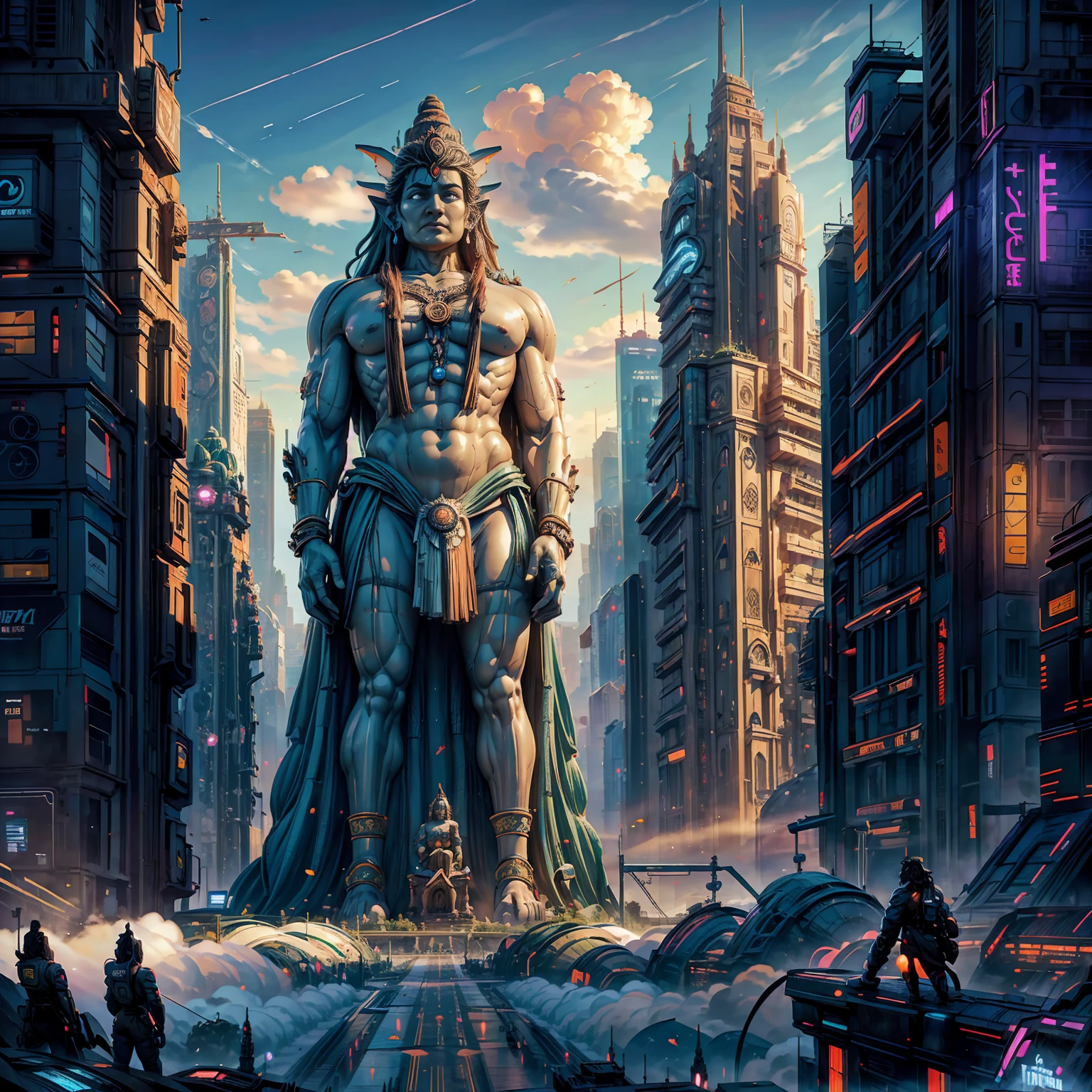 An ultra-high picture quality、Maximum quality、futurecity、cyber punk、vibrant light、skyscrapers、In the clouds、View of the universe、SF World、Huge colossal Indian statue of lord Shiva in the middle of the city, huge colossal Indian statue, (((huge colossal Indian statue))), (((morning)))