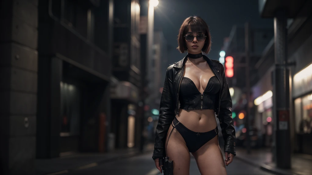 Blade Runner style futuristic city street, at night. (((1girl, solo, alone))), large-breast:1.3 slim:0.8 body, medium hair, cleavage:1.1, sexy micro laced lingerie with jacket, (black sunglasses), (((she raised a pistol:1.8 and shot the viewer))), standing pose, ((half-body thigh:0.95 level medium shot)), cinematic lighting, lens flare, ray tracing.