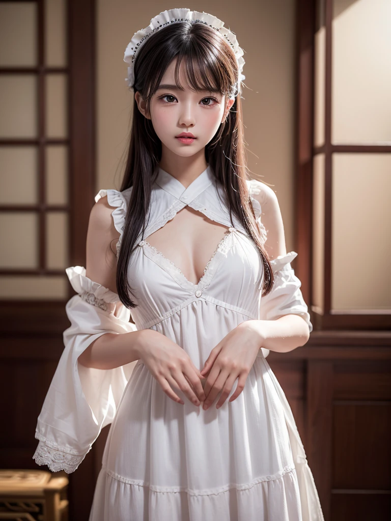 One girl, High resolution, Gaze, Shortcuts, Background blur, 8k octane, Super detailed, Super detailedな, masterpiece, Asian Beauty, ,Maid clothes,Open chest