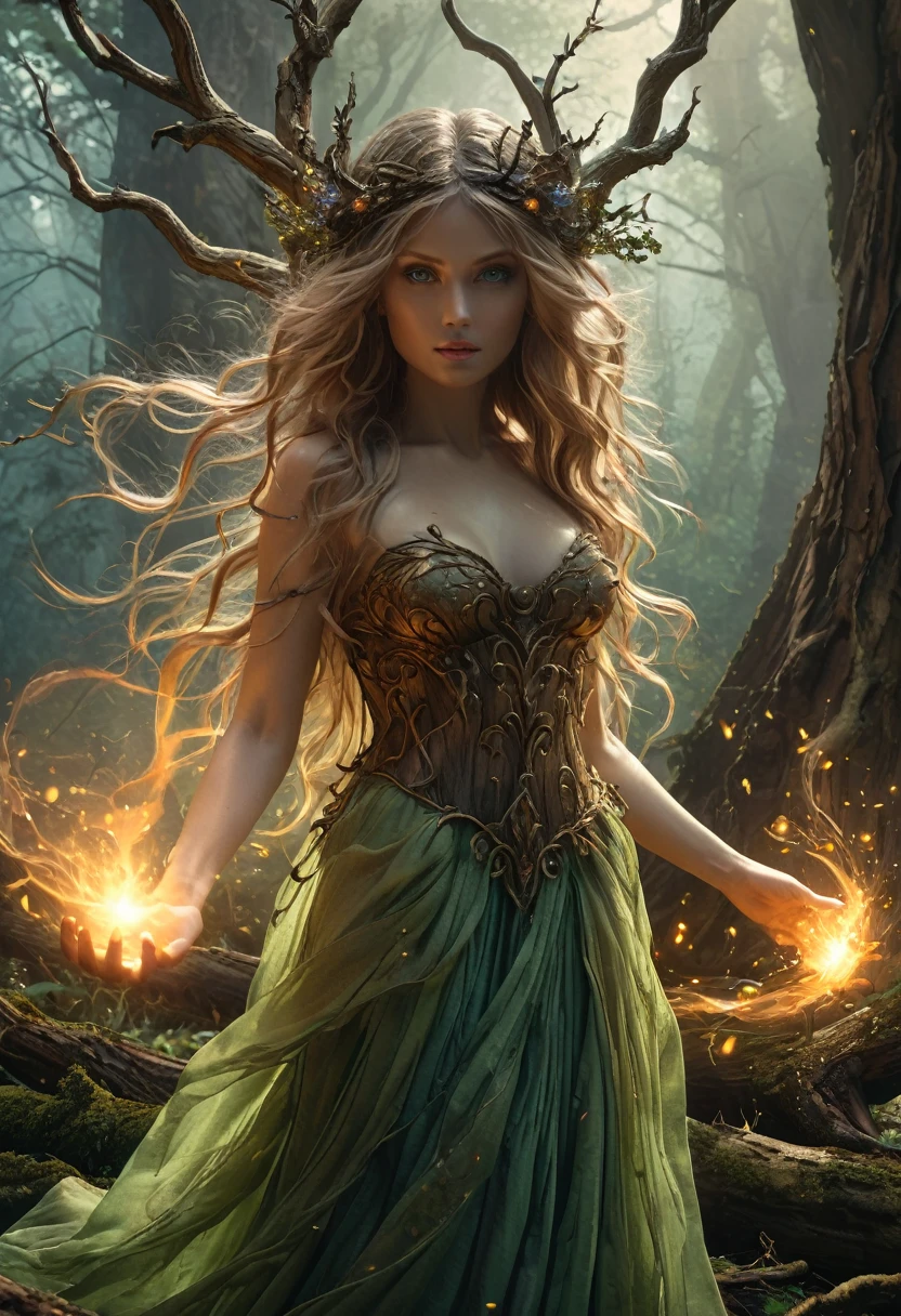 (best quality,4k,8k,highres,masterpiece:1.2),ultra-detailed,(realistic,photorealistic,photo-realistic:1.37),wood nymph guarding the ancient forest,wood nymph, mystical creature,imposing old tree figure,otherworldly,terrifying,highly detailed face and body,weathered tree,mystical aura,glowing fiery eyes,dark,ominous atmosphere,dramatic lighting,vibrant color,magical particles swirling around,wood energy emanating,powerful presence,ethereal beauty,herculean strength,captivating gaze,unsettling presence,haunting and mesmerizing,horrifyingly enchanting