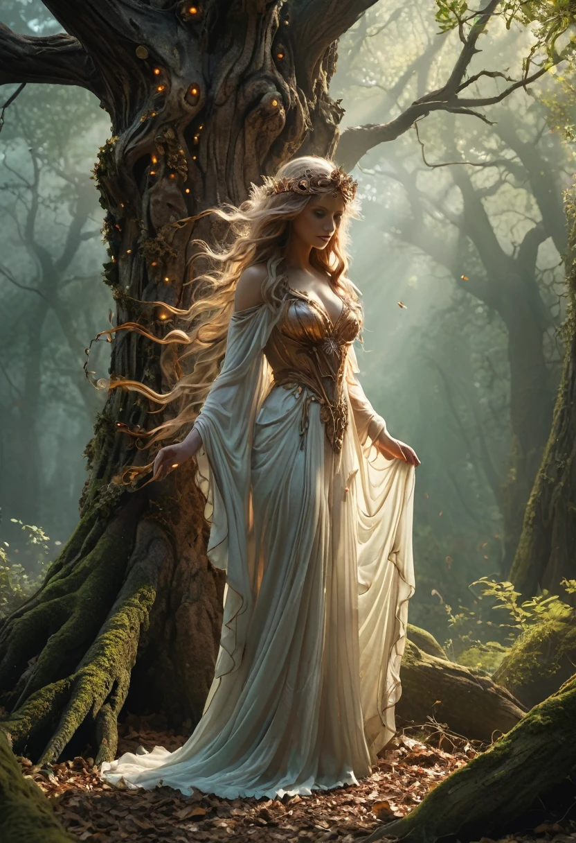 (best quality,4k,8k,highres,masterpiece:1.2),ultra-detailed,(realistic,photorealistic,photo-realistic:1.37),wood nymph guarding the ancient forest,wood nymph, mystical creature,imposing old tree figure,otherworldly,terrifying,highly detailed face and body,weathered tree,mystical aura,glowing fiery eyes,dark,ominous atmosphere,dramatic lighting,vibrant color,magical particles swirling around,wood energy emanating,powerful presence,ethereal beauty,herculean strength,captivating gaze,unsettling presence,haunting and mesmerizing,horrifyingly enchanting