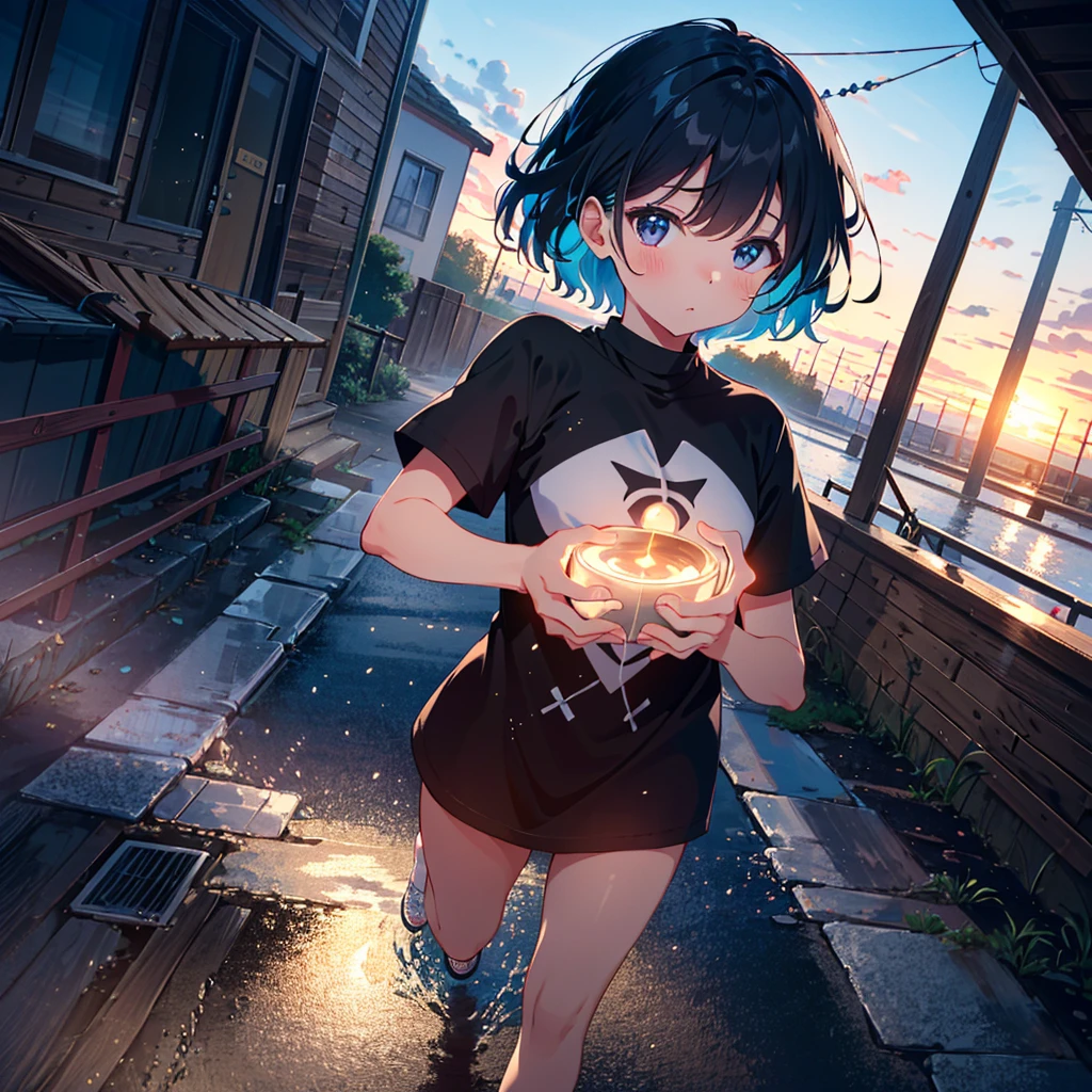 Masterpiece, highest quality, high resolution background, bright and beautiful atmosphere, 1 girl (, 1 short-tempered round face), 1 person (hair, surface effects), small breasts, old housing complex, summer clothes, girl playing hide and seek, "deltamon_sdXL" :0.73) >Deltamon”、color々Perspective