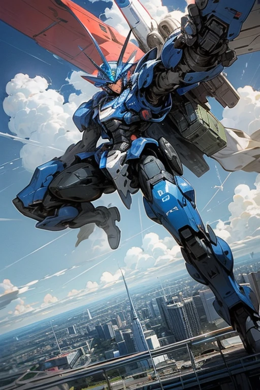 A giant blue robot is flying in the sky