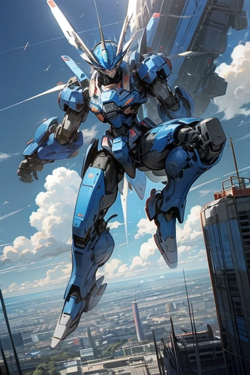A giant blue robot is flying in the sky