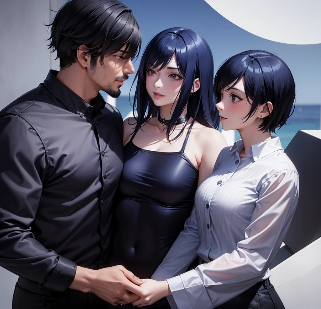 2 people, woman and man, Attractive profile picture, masterpiece, ultra-precise rendering, beautiful and cool young woman, trustworthy, dependable young woman, savior of the world, simple design, most beautiful image, 4K, blue black hair, beautiful woman, beautiful smile, woman short hair, clean skin, men facial hair,