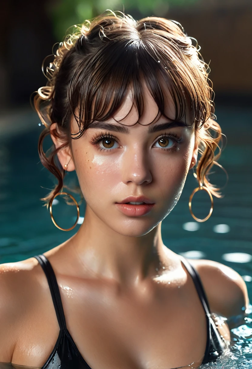 (best quality, 4k, highres, highres face details),18 yrs old, Instagram model, 1girl, solo, athletic figure, tan skin, hoop earrings, perfect nose, perfect lips, fake lashes, deep cleavage, pretty face, cute face, wearing a black bodysuit, soaking wet, wet hair, wet body, water dripping off hair and body, brown hair, short curly hair, crossed bangs, brown eyes, constricted pupils, hair ribbon, hoop earrings, cinematic lighting, Ultra-Wide Angle, Canon, Hyperrealism, UHD, masterpiece, textured skin, realistic water texture, high details, best quality, detailed eyes, detailed iris, whole body photo, posing for the camera