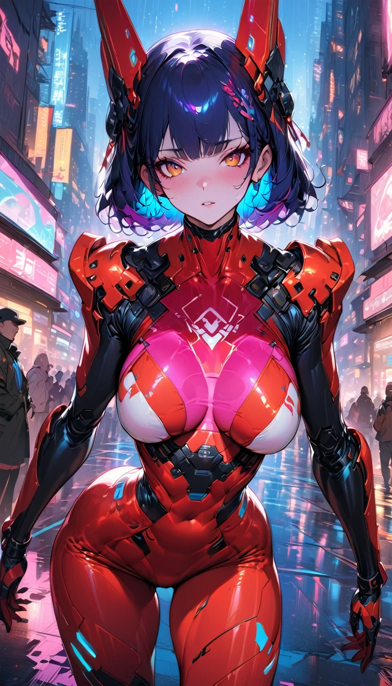best quality,4k,8k, highres, masterpiece:1.2), extremely detailed eyes, extremely detailed body, (large masterpiece digital art), (detailed manga illustration), (detailed line art), ((perfect anatomy)), (intricate details:1.3), (ultra-detailed:1.3), (illustration:1.3), (sharp focus:1.3), (natural lighting:1.05), (vivid colors:1.3), (masterpiece), (best quality:1.4), (perfect anatomy:1.4), high quality, expressive eyes, full body, tall girl, detailed face, beautiful face, perfect face, breasts, gloves, large breasts, cyberpunk, (black armor), mystic red armor, short hair, ((pale skin)), messy hair, detailed ((dark blue hair)), (honeydew hair), multicolored hair, two-toned hair, detailed eyes, (amber eyes), hourglass physique, mecha musume, fortified suit, mechanical parts, headgear, robot joints, bodysuit, deva battle suit, gloves, thick thighs, toned, emblem, superhero, dynamic lighting, 4k resolution, dynamic pose, weapon, energy weapon portrait, Jeff Bridges, ((cartoon style)), Marvel Cinematic Universe style, (((alien city in the background))), soft bokeh of futuristic city, Atey Ghailan, Jeremy Mann, Greg Manchess, Antonio Moro, trend in ArtStation, trend in CGSociety, Intricate, High Detail, Sharp focus, dramatic and photorealistic painting art by Midjourney and Greg Rutkowski, bokeh in the background
