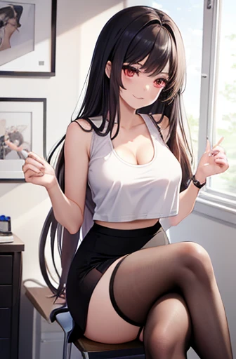 game , Nikke, the goddess of victory, Neat , Black Hair,  Captivating eyes ,Beautiful Face , Crystal red eyes ,  Long Hair, ((White tank top:1.2)), Spaghetti strings, Cleavage, Black underwear,((Black Pencil Skirt:1.2)) garter belt, Thigh Hose, G-cup breasts, Narrow waist, Captivating thighs, 5 fingers on each hand, both hands ,2 Foot , At the office, Seductive pose, Crossing your legs, Beautiful smile, Cowboy Shot

